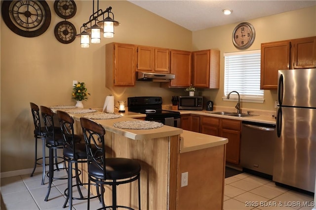 611 Lazy Days Rd Unit C9, Osage Beach, MO 65065 - kitchen featuring stainless steel appliances, under cabinet range hood, a sink, a peninsula, and light countertops