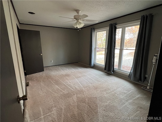 unfurnished room featuring light carpet, ceiling fan, and a textured ceiling