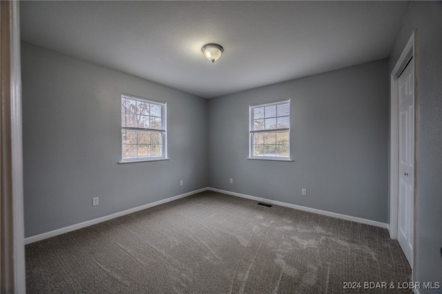 carpeted empty room with a healthy amount of sunlight and a textured ceiling