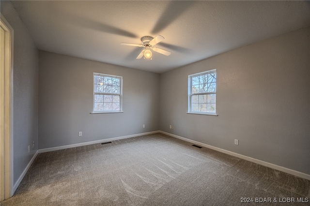 spare room with carpet flooring, a wealth of natural light, and ceiling fan