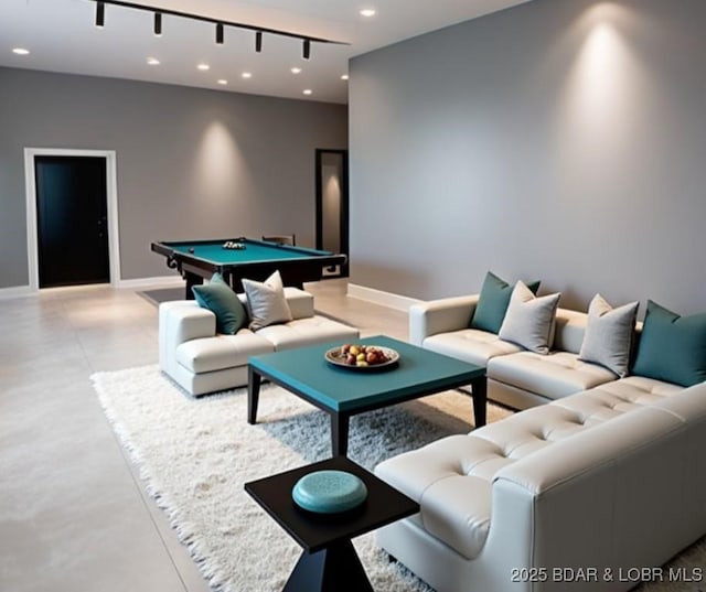 game room featuring recessed lighting, pool table, finished concrete flooring, and baseboards