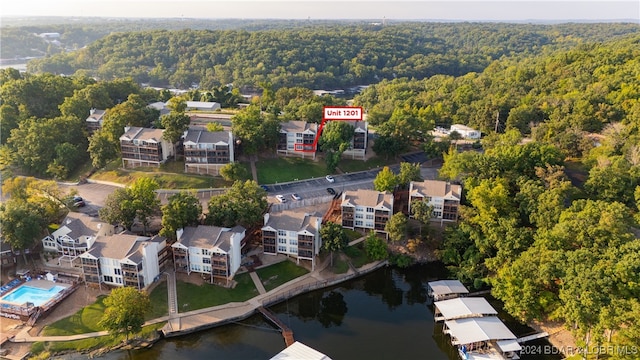 aerial view featuring a water view