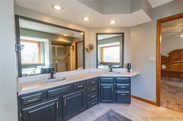 bathroom with ceiling fan, hardwood / wood-style floors, vanity, and walk in shower