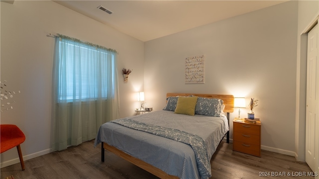 bedroom with a closet and dark wood-type flooring