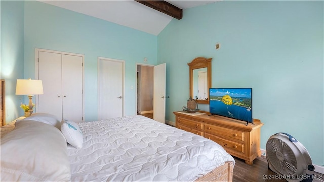 bedroom with beamed ceiling, hardwood / wood-style flooring, high vaulted ceiling, and a closet