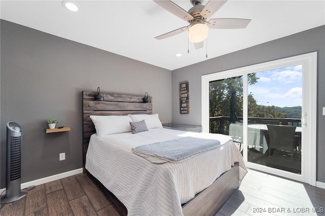 bedroom featuring wood-type flooring, access to outside, and ceiling fan