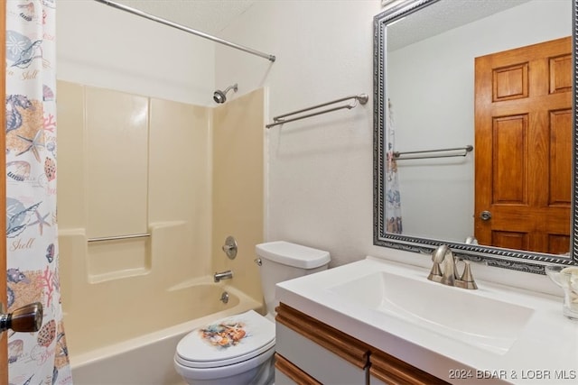 full bathroom with a textured ceiling, vanity, shower / tub combo, and toilet