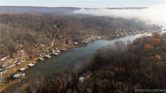 aerial view featuring a water view