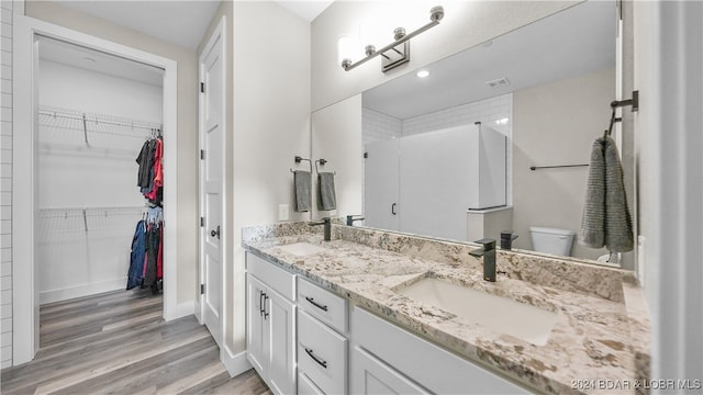 bathroom featuring vanity, wood-type flooring, and toilet