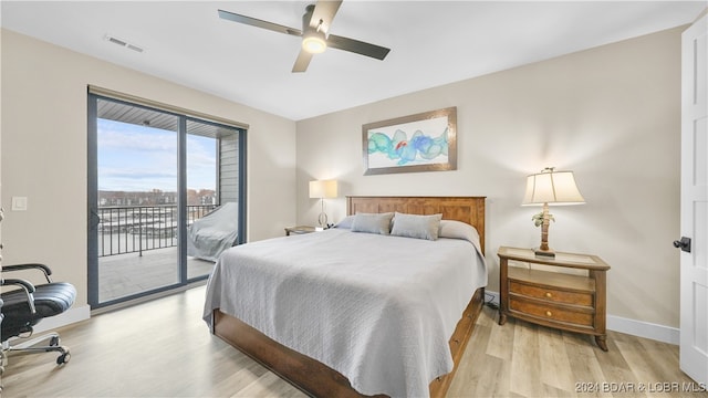 bedroom with access to outside, ceiling fan, and light hardwood / wood-style flooring