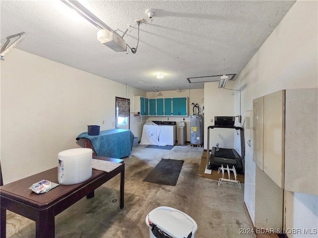 garage featuring electric water heater and a garage door opener