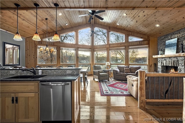 kitchen featuring wooden ceiling, sink, stainless steel dishwasher, dark stone countertops, and decorative light fixtures