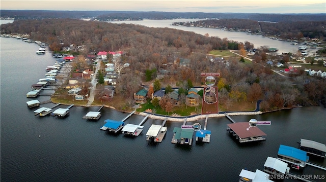 aerial view at dusk with a water view