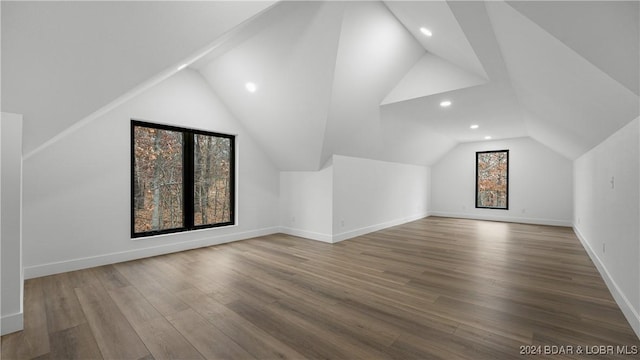 additional living space featuring baseboards, vaulted ceiling, and wood finished floors