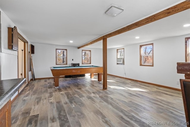 recreation room with hardwood / wood-style floors and billiards