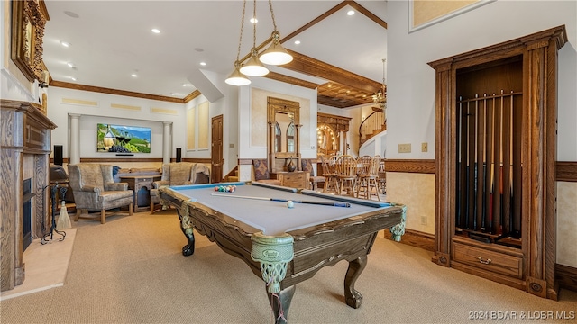 game room with bar, light colored carpet, crown molding, and pool table