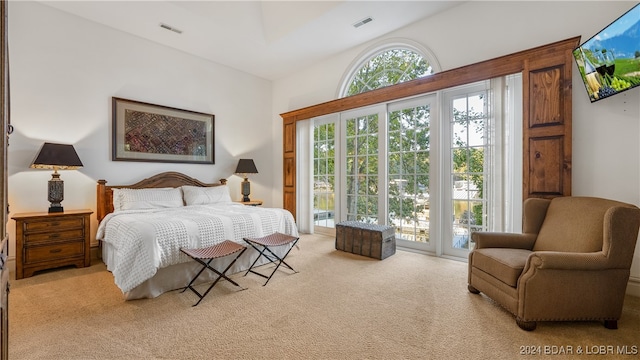 bedroom with access to exterior, light colored carpet, and vaulted ceiling