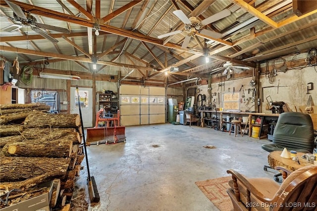 garage with a workshop area