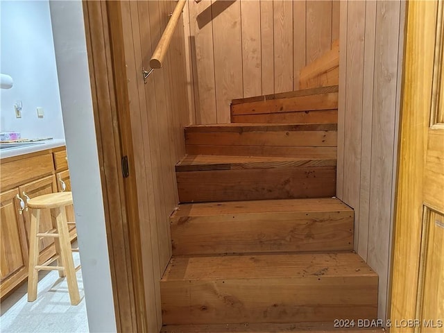 stairway with wood walls