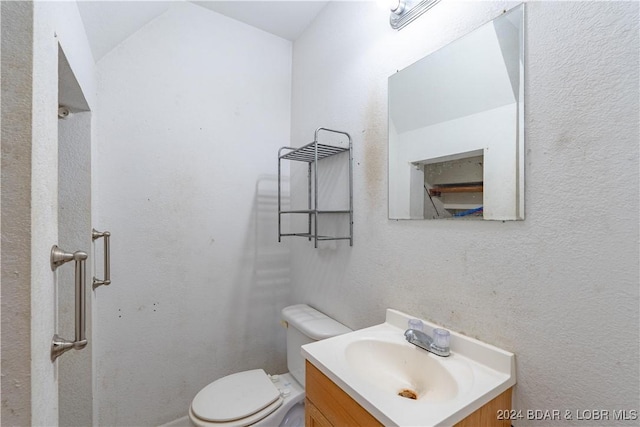 bathroom featuring vanity, toilet, and lofted ceiling