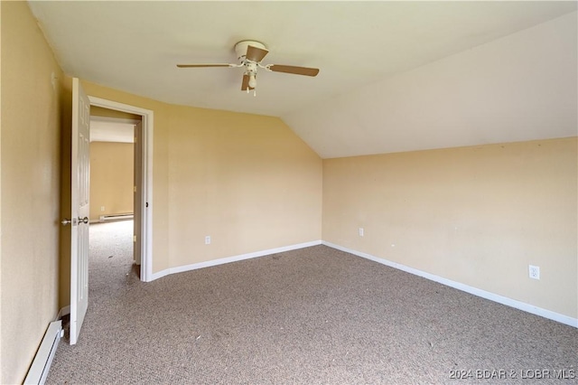 additional living space featuring carpet flooring, vaulted ceiling, ceiling fan, and a baseboard heating unit