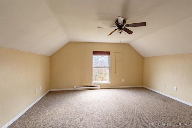 bonus room featuring baseboard heating, ceiling fan, carpet floors, and vaulted ceiling