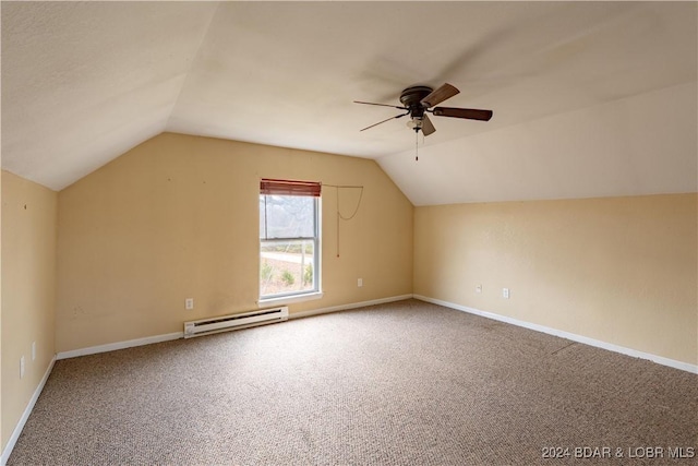 bonus room with carpet flooring, ceiling fan, vaulted ceiling, and a baseboard heating unit