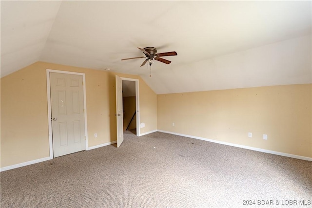 bonus room with ceiling fan, carpet, and vaulted ceiling