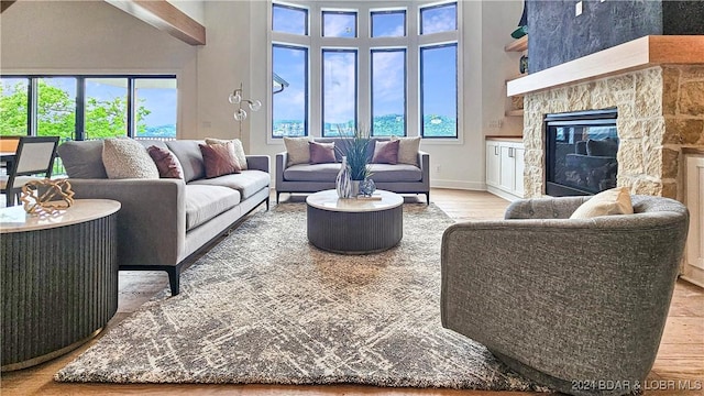 living room with wood-type flooring, a stone fireplace, a wealth of natural light, and a high ceiling