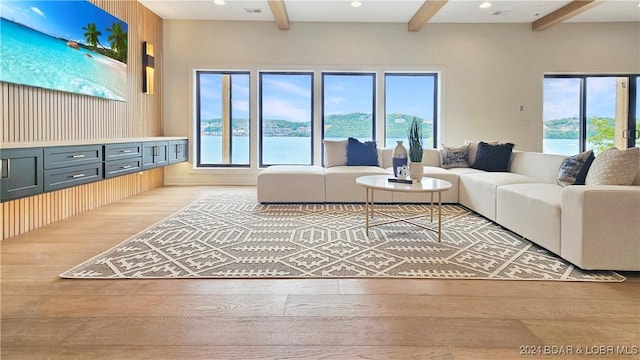 living room featuring beamed ceiling, a healthy amount of sunlight, a water view, and light wood-type flooring