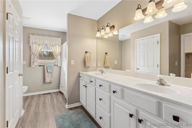 bathroom with vanity, hardwood / wood-style floors, and toilet