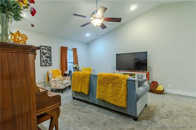 carpeted living area with recessed lighting, a ceiling fan, vaulted ceiling, and baseboards