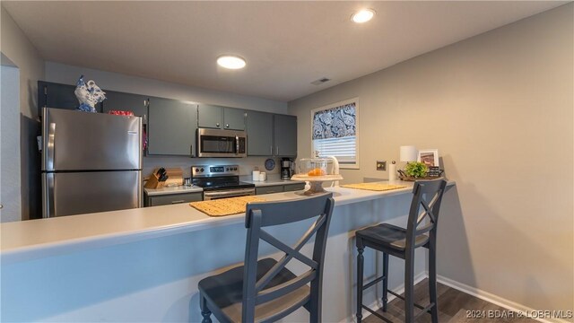 kitchen with kitchen peninsula, stainless steel appliances, and dark wood-type flooring