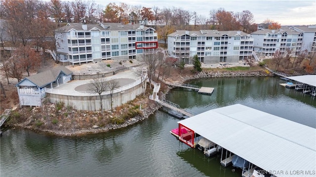 exterior space with a water view