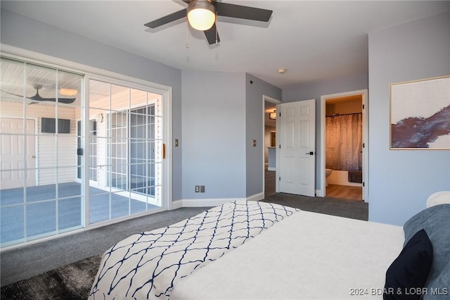 bedroom with ceiling fan, access to exterior, dark carpet, and ensuite bath