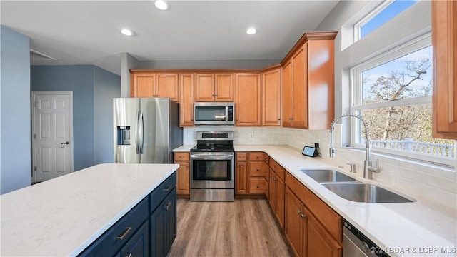 kitchen featuring backsplash, sink, light hardwood / wood-style floors, and appliances with stainless steel finishes