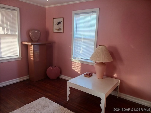 sitting room featuring dark hardwood / wood-style flooring and ornamental molding