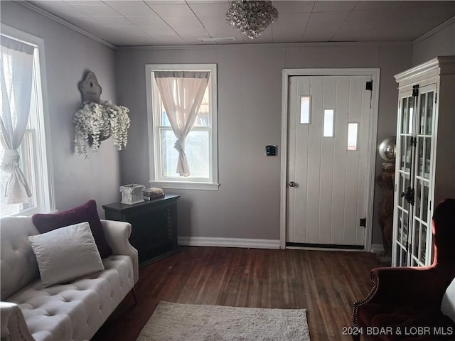 entrance foyer featuring dark hardwood / wood-style flooring and crown molding