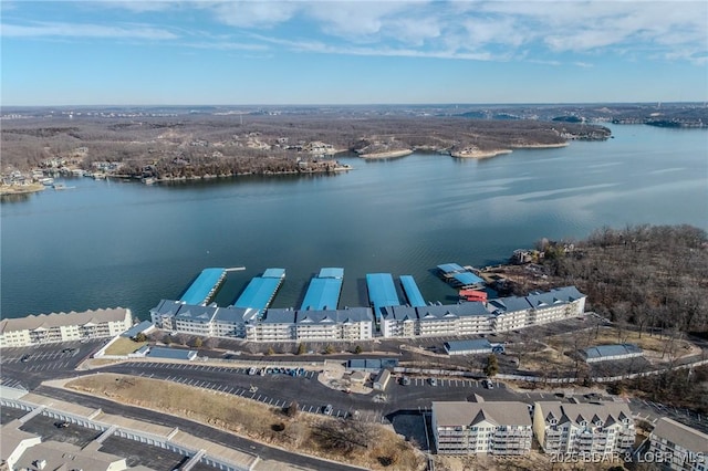 drone / aerial view featuring a water view