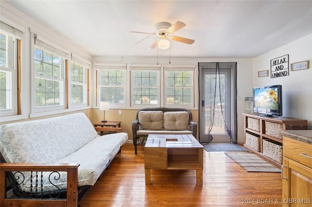 living room featuring wood-type flooring, a wealth of natural light, and ceiling fan