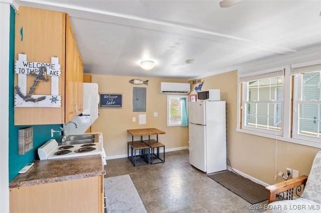 kitchen with electric panel, white appliances, sink, and a wall unit AC