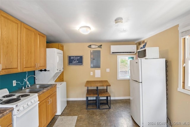 kitchen with white appliances, a wall mounted AC, sink, stacked washer and dryer, and electric panel