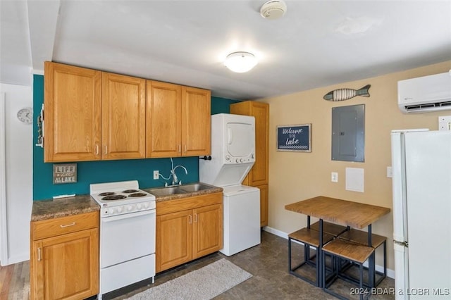 kitchen with sink, electric panel, a wall mounted AC, white appliances, and stacked washer and clothes dryer