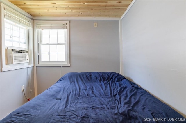 bedroom featuring cooling unit and wooden ceiling