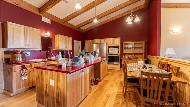 kitchen featuring stainless steel appliances, hanging light fixtures, high vaulted ceiling, beamed ceiling, and a notable chandelier