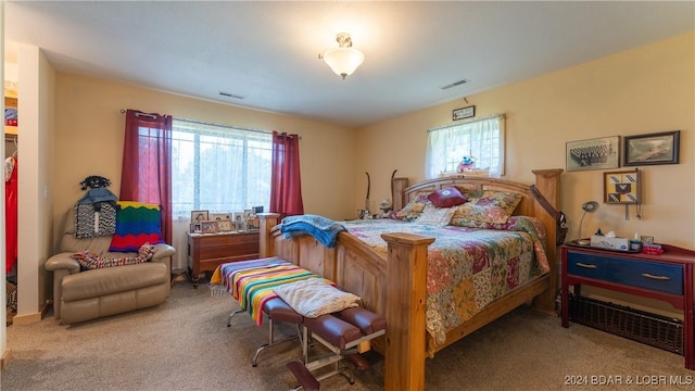 bedroom with carpet and multiple windows