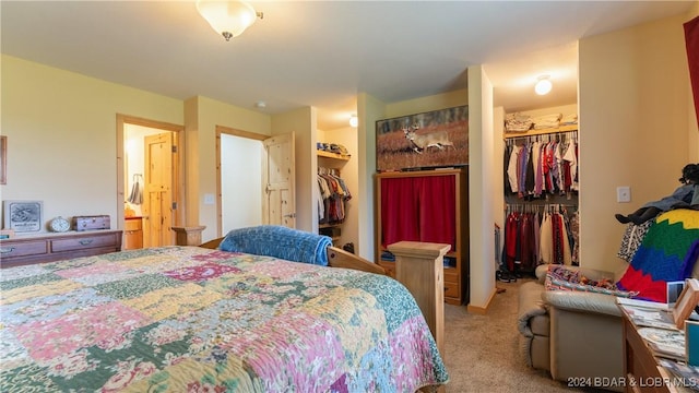 carpeted bedroom featuring a walk in closet and a closet