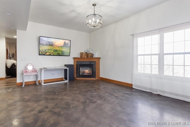 living room featuring an inviting chandelier