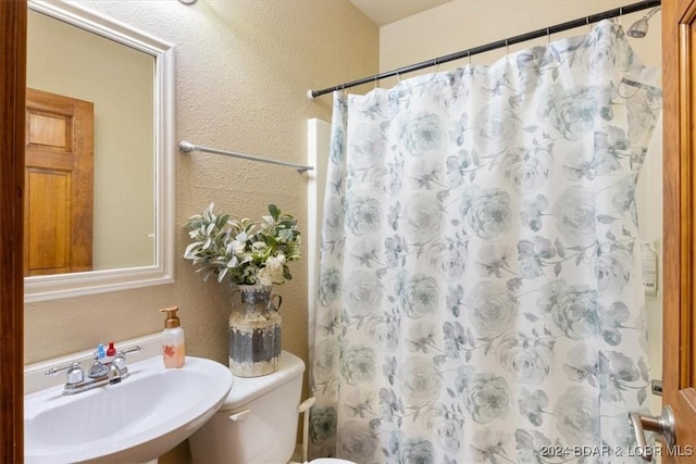 bathroom with a shower with shower curtain, toilet, and sink