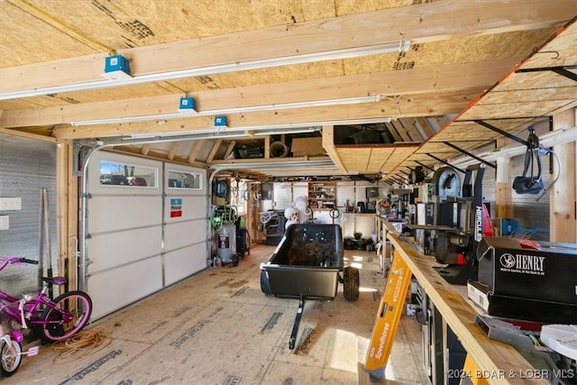 garage with a workshop area